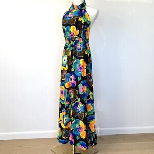 Vtg 70s Hawaiian Day Glo Floral Poly Knit Maxi Tank Dress Hostess Flower Vacay
